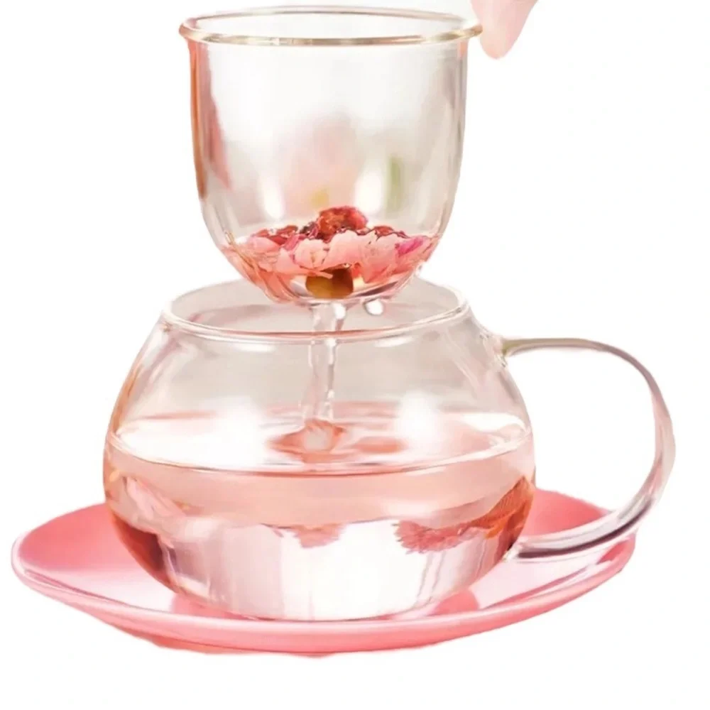 NIB Blue Mushroom Glass Tea Cup With Infuser Lid Saucer